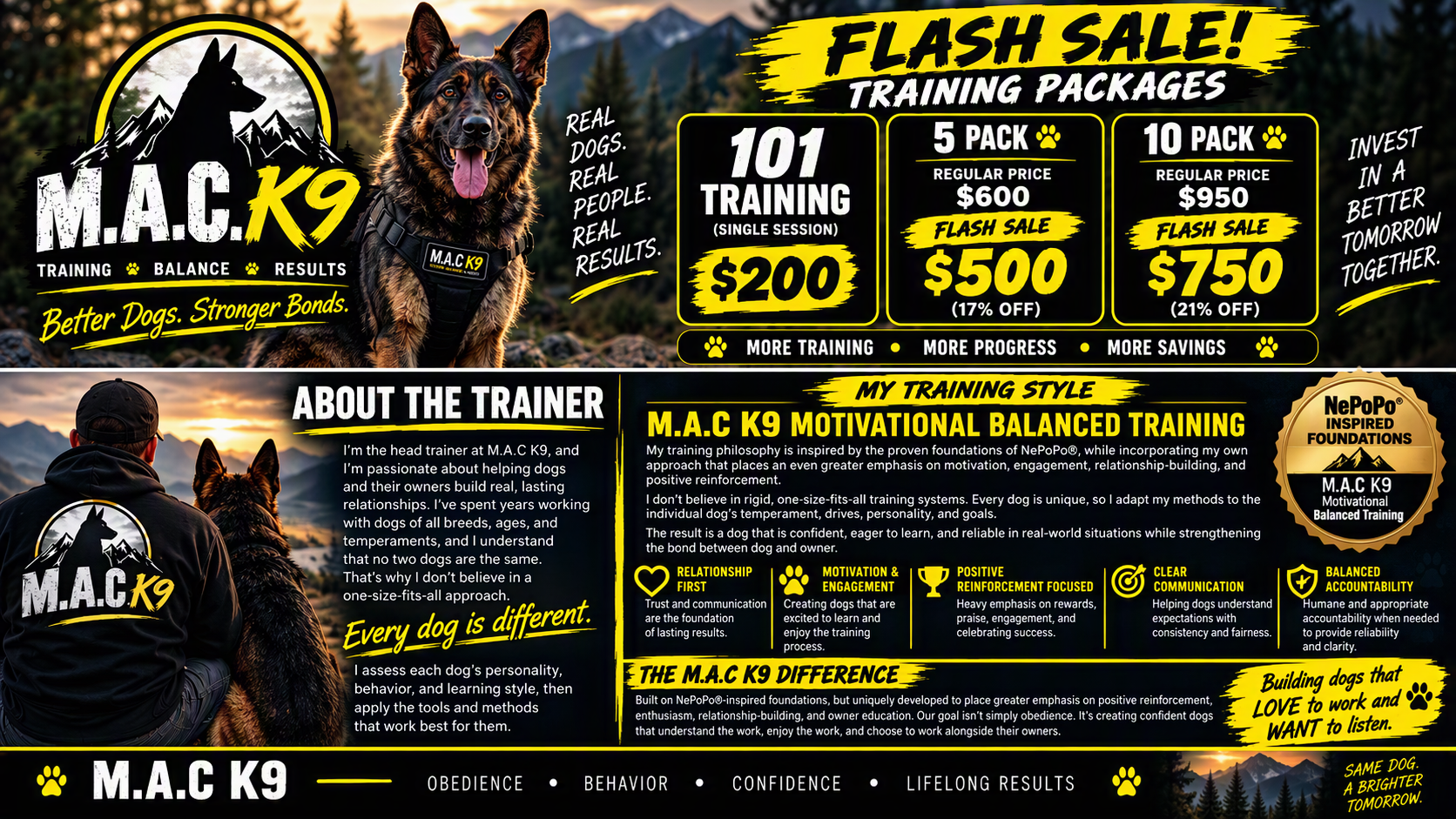 MAC K9 training flash sale: single 1-on-1 session $200; 5 sessions $500 (approximately 17% off regular $600); 10 sessions $750 (approximately 21% off regular $950). About the trainer and MAC K9 Motivational Balanced Training, inspired by NePoPo foundations.